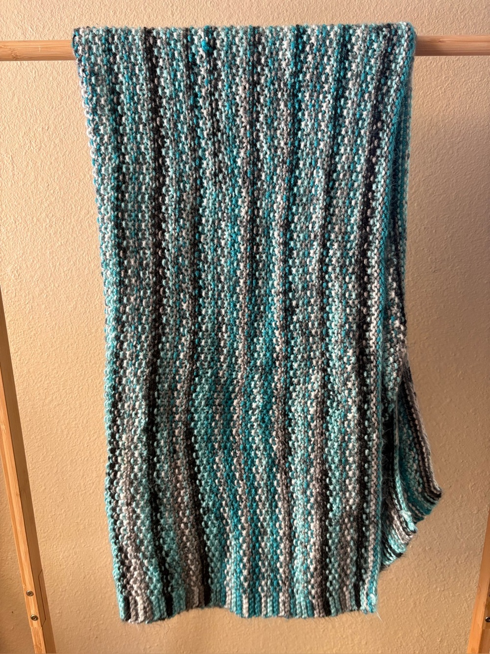 Handmade Striped Crochet Lap Blanket or Shawl in Teal and Charcoal Multicolor